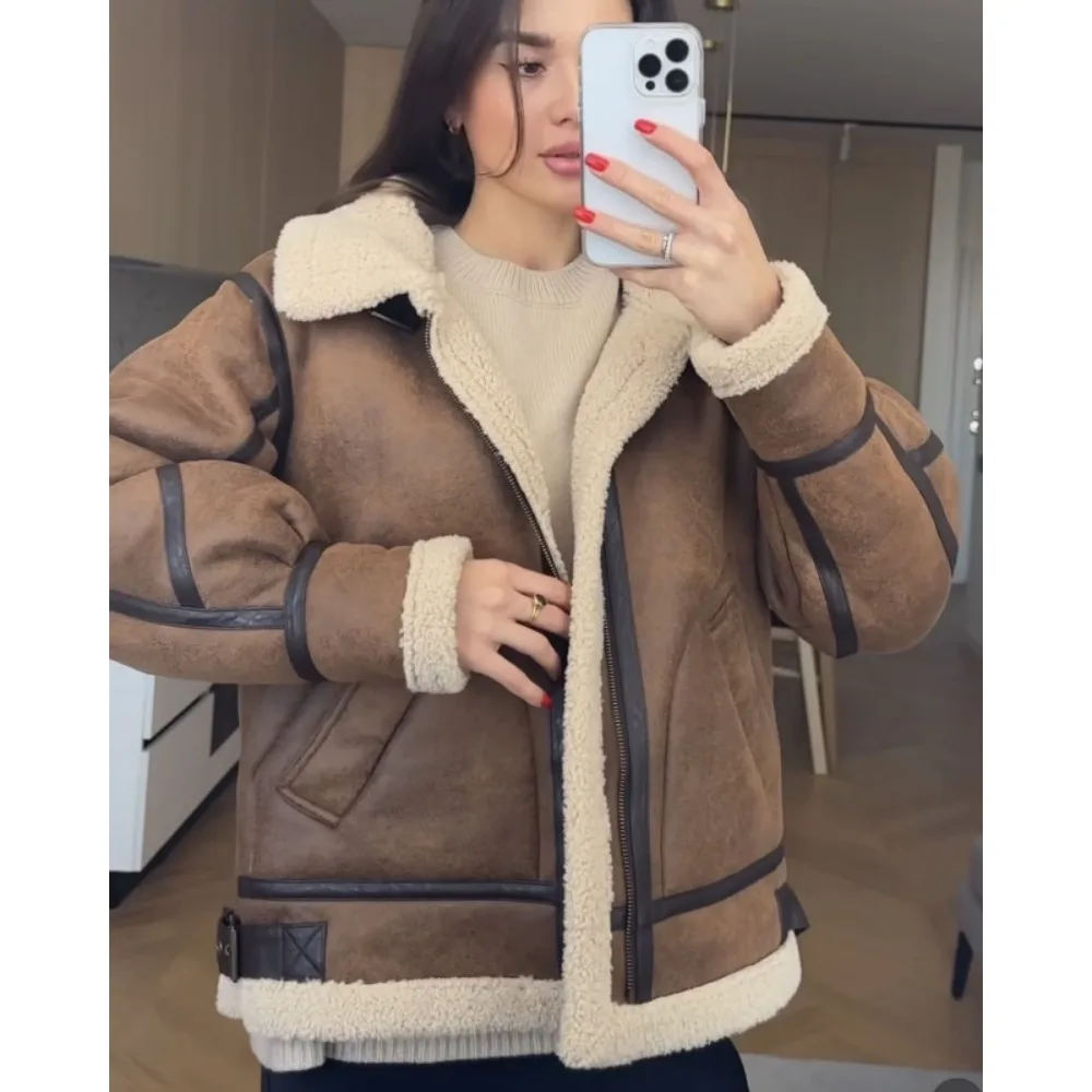 TRAF ZR HighStreet Contrast Faux Leather Jacket Top 2024 Winter Female Synthetic Sheepshin Coat Lapeled Collar with Buckled Tabs