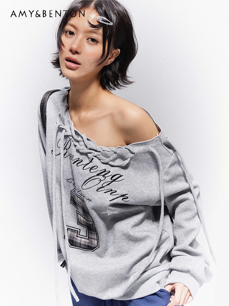 

2025 Spring and Autumn New American Retro Style Women's Letter Print Tie Shoulder Gray Blue Loose Slimming Sweatshirt