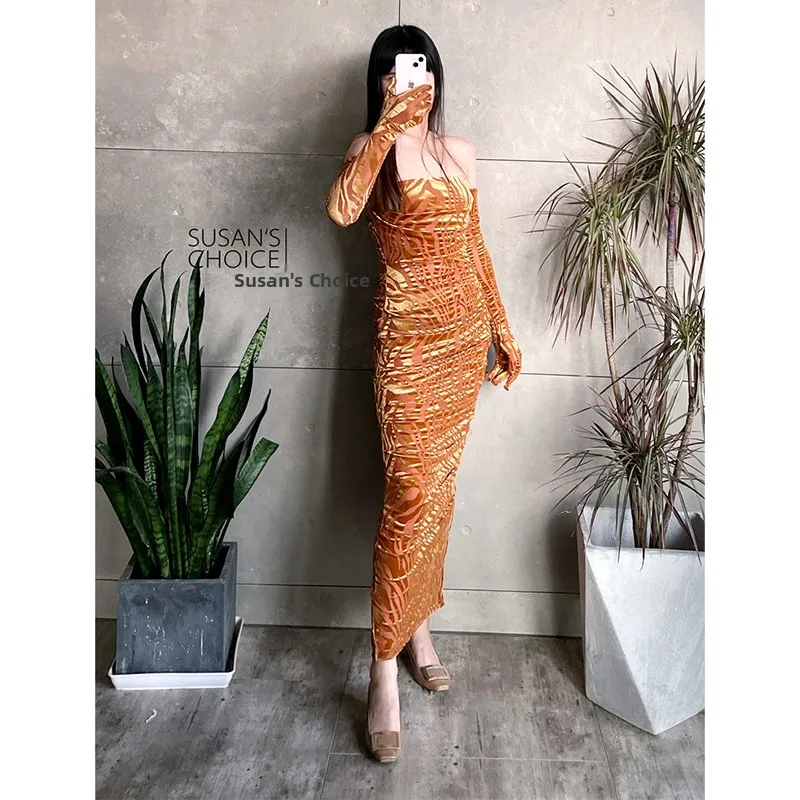 Susan Original ZP Sexy Bruin Fluwelen Bodycon Dr Handschoenen Dames Lange Sve Lente Zomer Pure Kleur Woon-werkverkeer