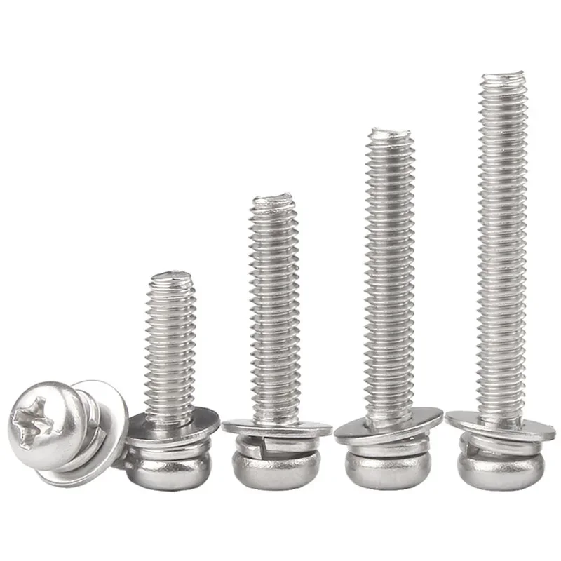 GBT9074 M4 M5 M6 M8 304 Stainless Steel Cross Recessed Pan Head Screw Spring Washer Flat Washers 3 in 1 Combination Set