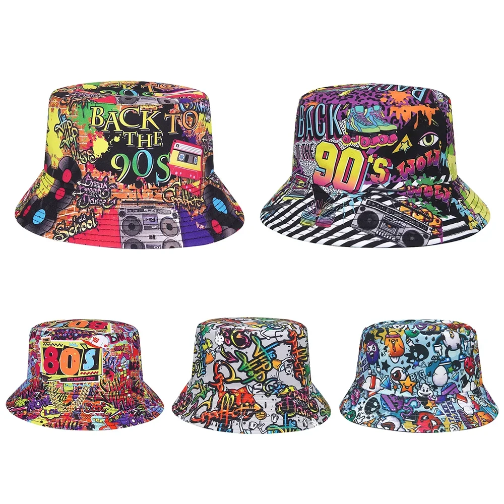 New 80\'s 90\'s Print Summer Sun Protection Bucket Hats for Women Man Fashion Luxury Fisherman Cap Hip Hop Panama Hat Bob Sun Caps