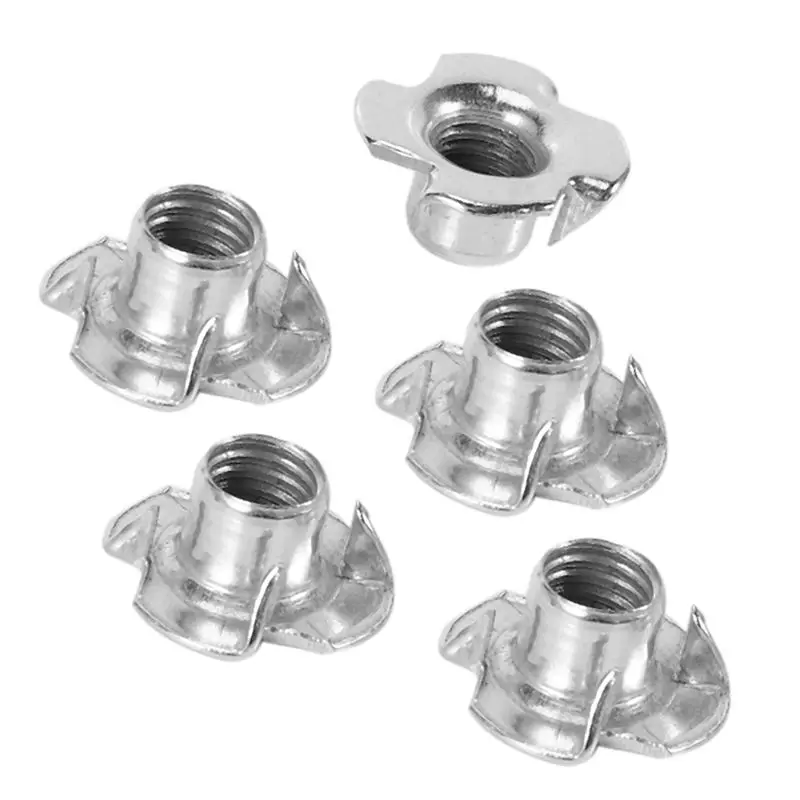 DT17 M8 Metal Captive T Nuts Pronged Tee Blind Nuts 150Pcs, Zinc Plated Carbon Steel Four-Jaw for Nut for Woodworking