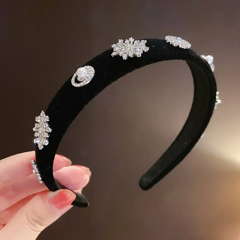 Retro Bling Rhinestones Snowflake Hair Hoop Hair Accessories Temperament Black Velvet Bowknot Wide Brimmed Hair Band for Women