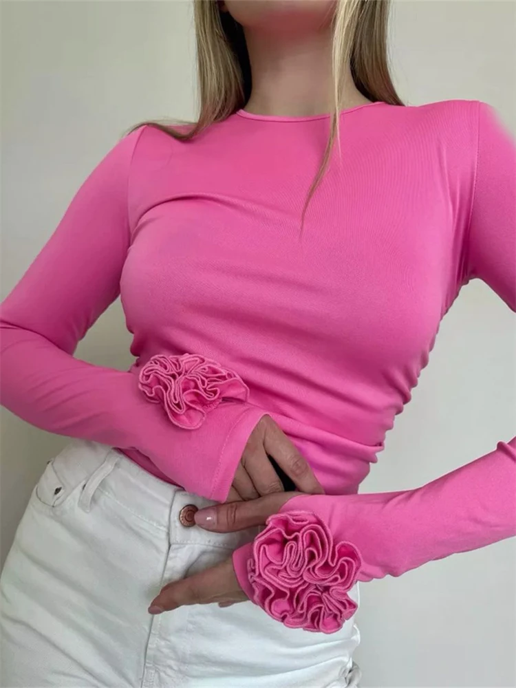 Absobe Three-dimensional Flowers Long Sleeved Pleated Top Women Solid O-neck T-shirt Hottie Autumn/Winter Tees Streetwear