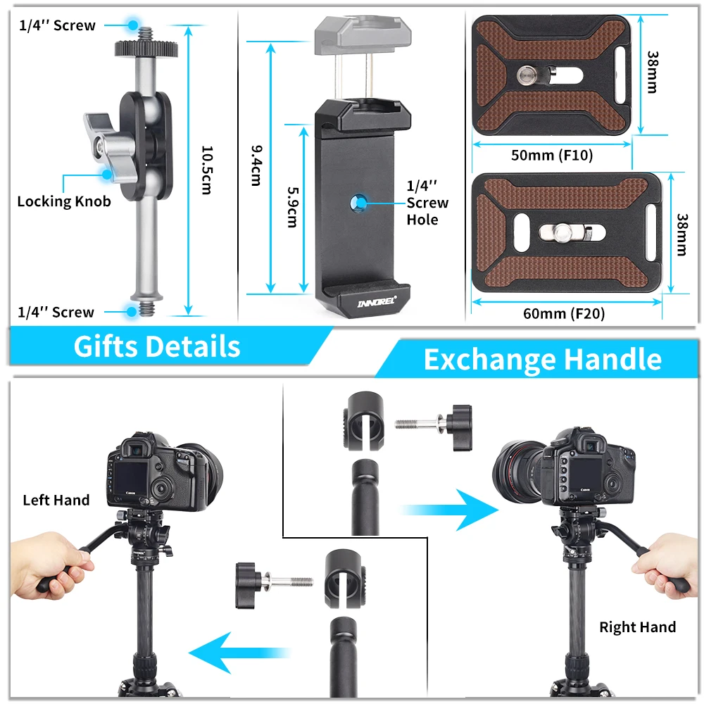 F10/F20 미니 삼각대 유체 헤드, 파노라마 비디오 DSLR 카메라 삼각대 헤드, Arca Swiss 퀵릴리즈 플레이트, 삼각대용 모노포드