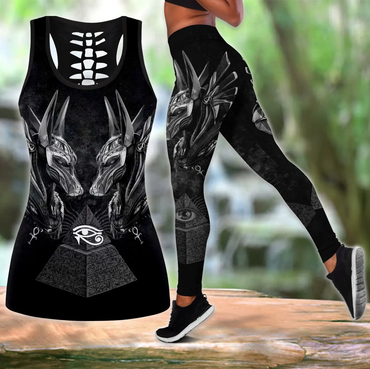 Horus Eye Egypt Anubis Ancient 3D Printed Hollow Tank Top & Leggings Set Fitness Female Full Length Leggings Yoga Pants LKB-36