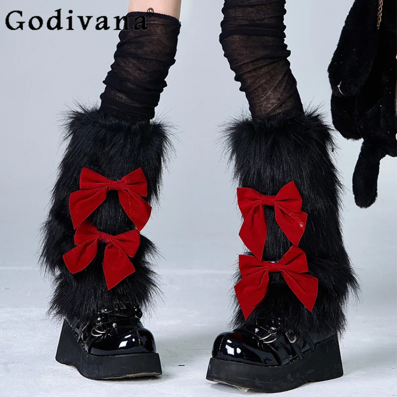 

Original Christmas Sweet Cute Girls Plush Leg Warmers Female Black Fashion Big Bow Harajuku Furry Leg Warmers Thigh High Socks