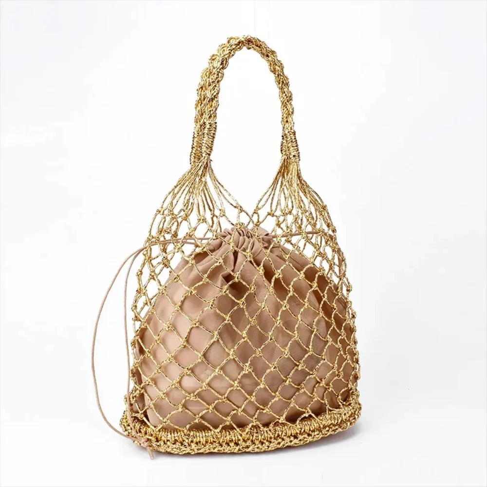 Gold silver 2 color bright paper ropes hollow woven handbag cotton lining straw bag female Reticulate handbag netted beach bag