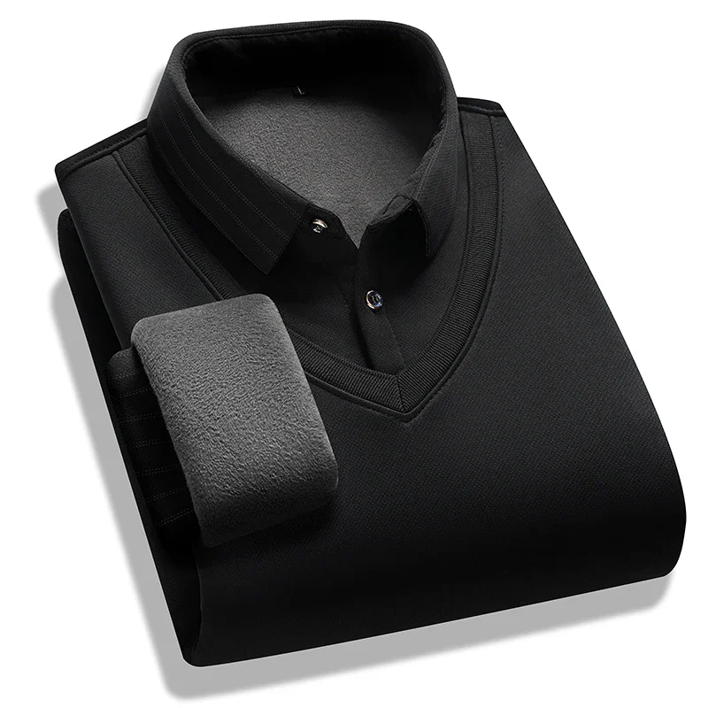 Mens Long Sleeve Fleece Lined Fake Two In One Knit Shirts Vertical Rib Stripe Shirt Collar Fit Warm Tops For Winter Wear