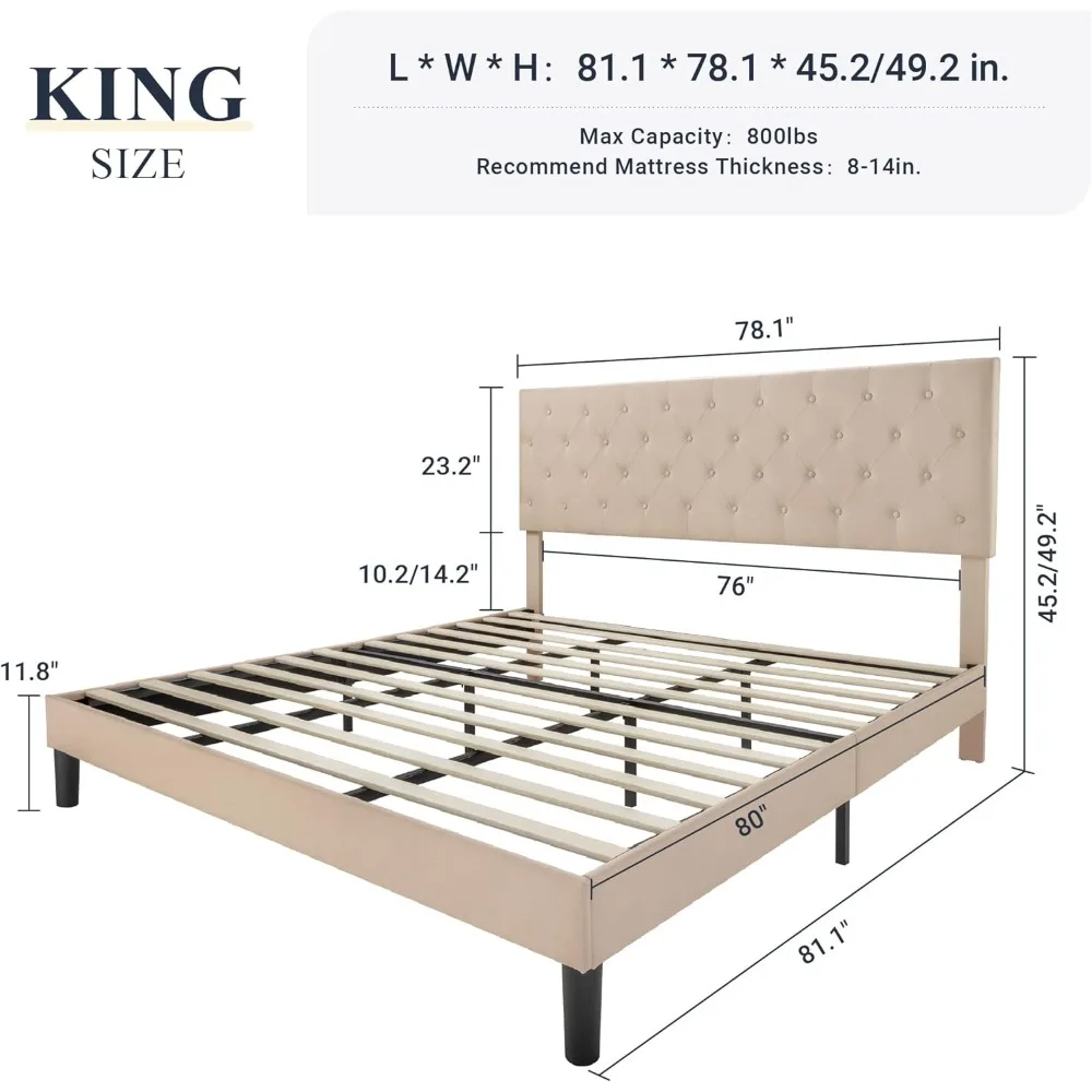 King Bed Frame with Adjustable Headboard/Diamond Stitched Button Tufted/Fabric Upholstered Platform Bed Frame/Wood Slat Suppor