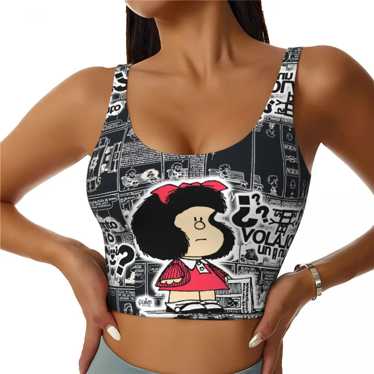 

Custom Vintage Quino Comic Mafalda High Impact Sports Bras for Women Cartoon Mang Seamless Workout Running Crop Tank Tops