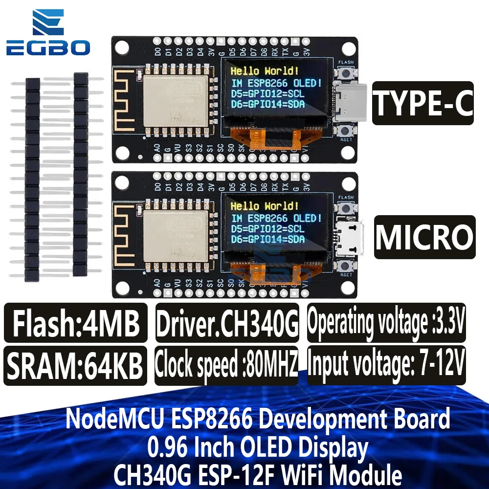 NodeMCU ESP8266 Development Board With 0.96 Inch OLED Display CH340G ESP-12F WiFi Module TYPE-C USB For Arduino/Micropython