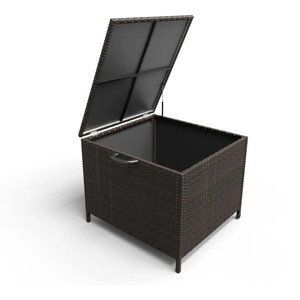 Outdoor Deck Box 80 Gallon Rattan Box Waterproof Storage Container With Handles, Soft Close Hinges and Universal Wheels