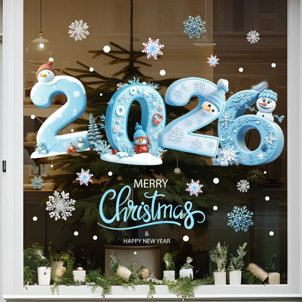 

Light Blue Ice 2026 Christmas Window Sticker Cartoon Snowman Window Sticker Merry Christmas Decor Natal Happy New Year 2026