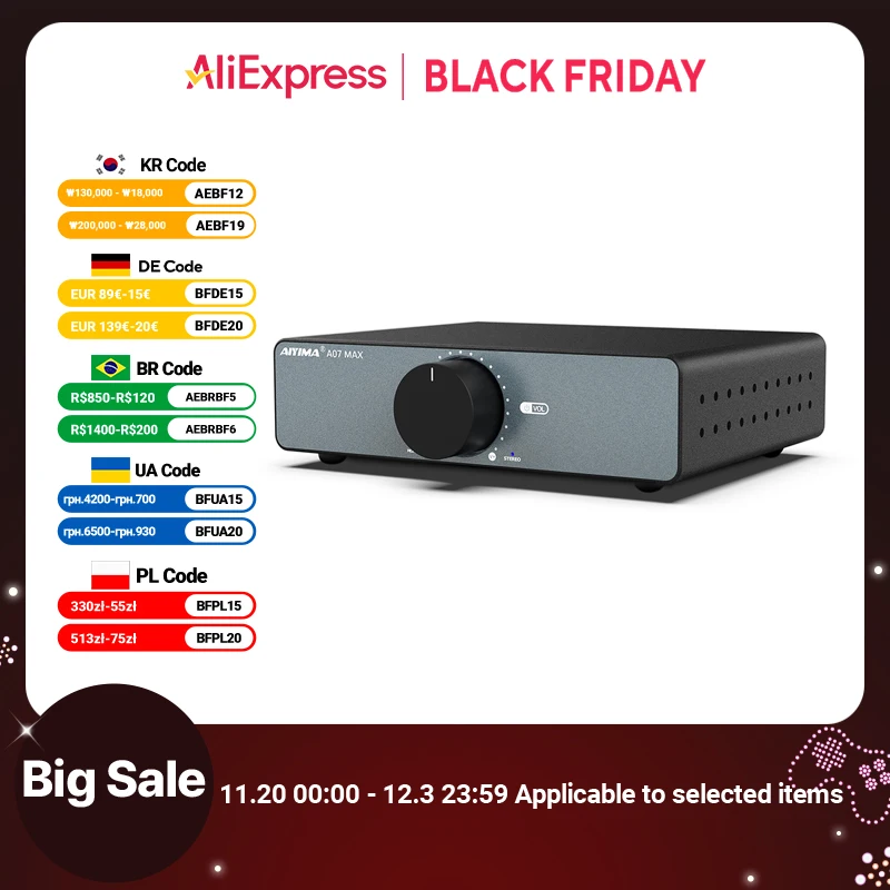 AIYIMA Audio A07 MAX Stereo Amplifier 300W X2 TPA3255 Power Amp 2 Channel Bridgeable Mono 600W  Amplifier for Passive Speaker