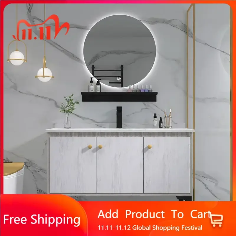

Organizer Solid Wood Bathroom Cabinet Light Mirror Simple Modern Floor Standing Bathroom Vanity Nordic Gabinete Unique Furniture