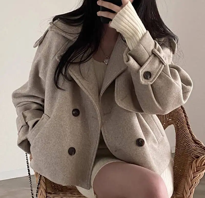 

Wool Blend Coats Womens Woolen Coat Red Autumn Suede Embossed Notched Collar Elegant Mature British Style Office Lady Tasteful