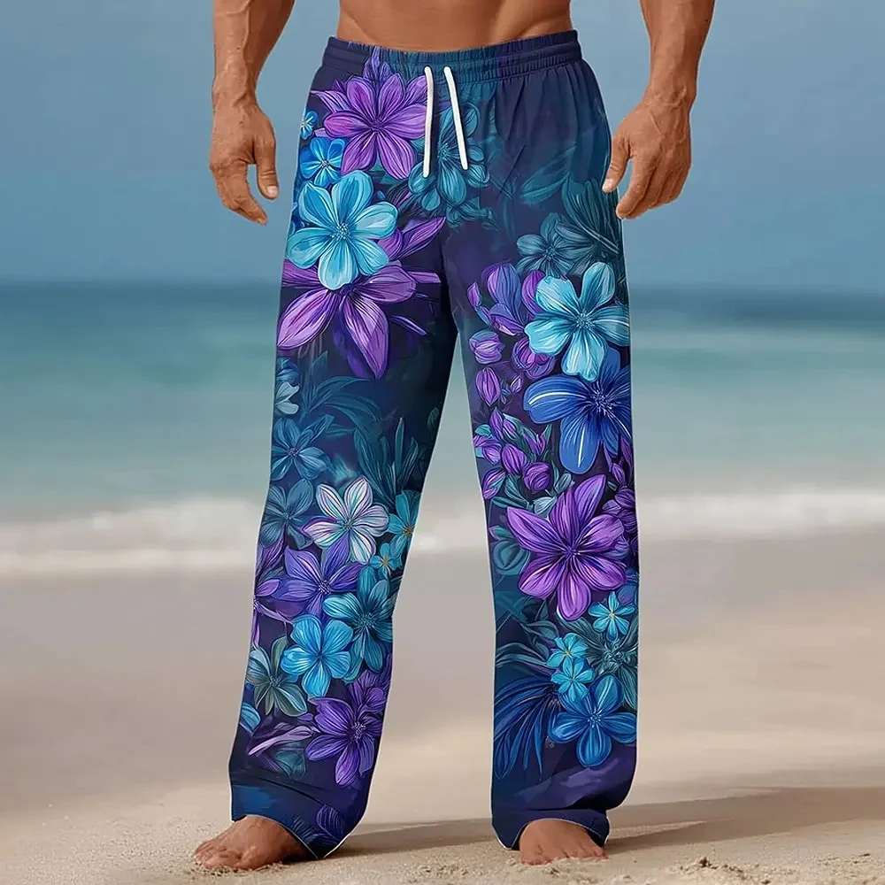 2026 new men's tropical beach pants with floralprint,blue, yellow,and white wide pants, fashionableand casual forsummer vacation