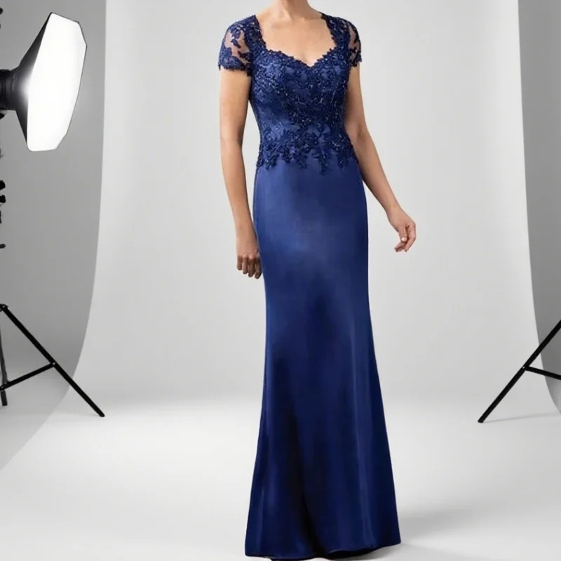 

A-line Short Sleeves Appliques Bead Plus Size Long Groom Mother Dresses For Wedding Customized Mother Of The Bride Dresses