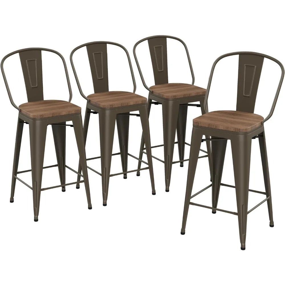 

Bar Stools Set of 4 High Back Metal Kitchen Counter Height Chairs 24 inch Barstools with Wooden Seat Industrial Rusty