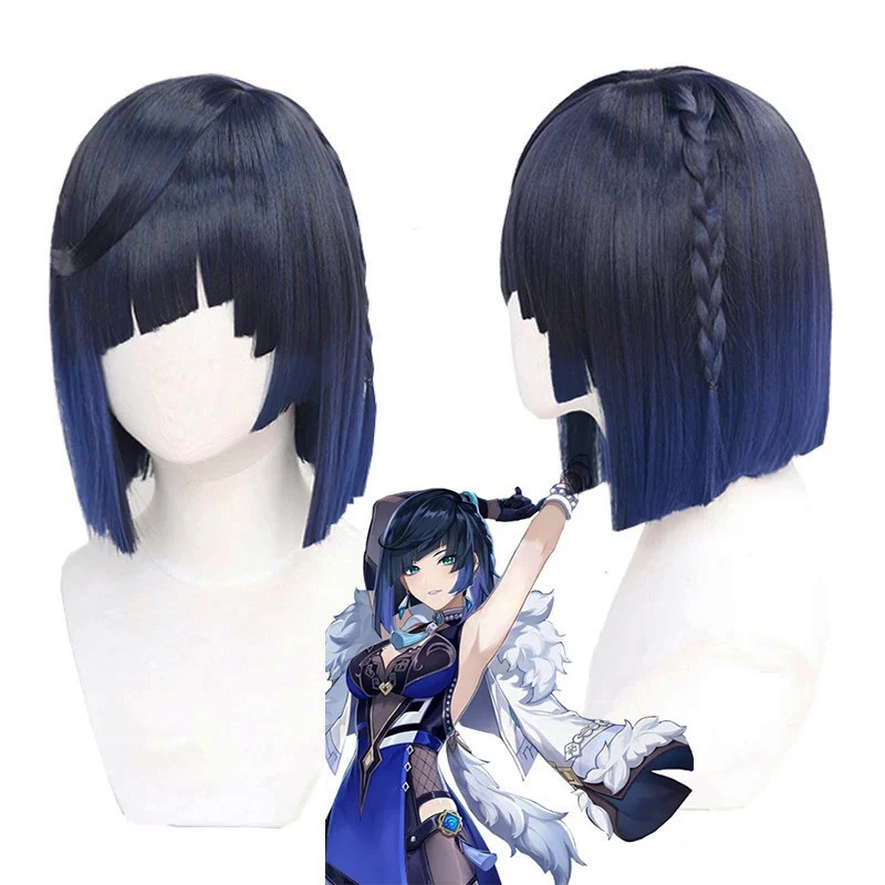 Genshin Impact Yelan Peruca Cosplay para Mulheres, Cabelo Liso Curto, Resistente ao Calor, Cabelo Sintético, Perucas de Jogo