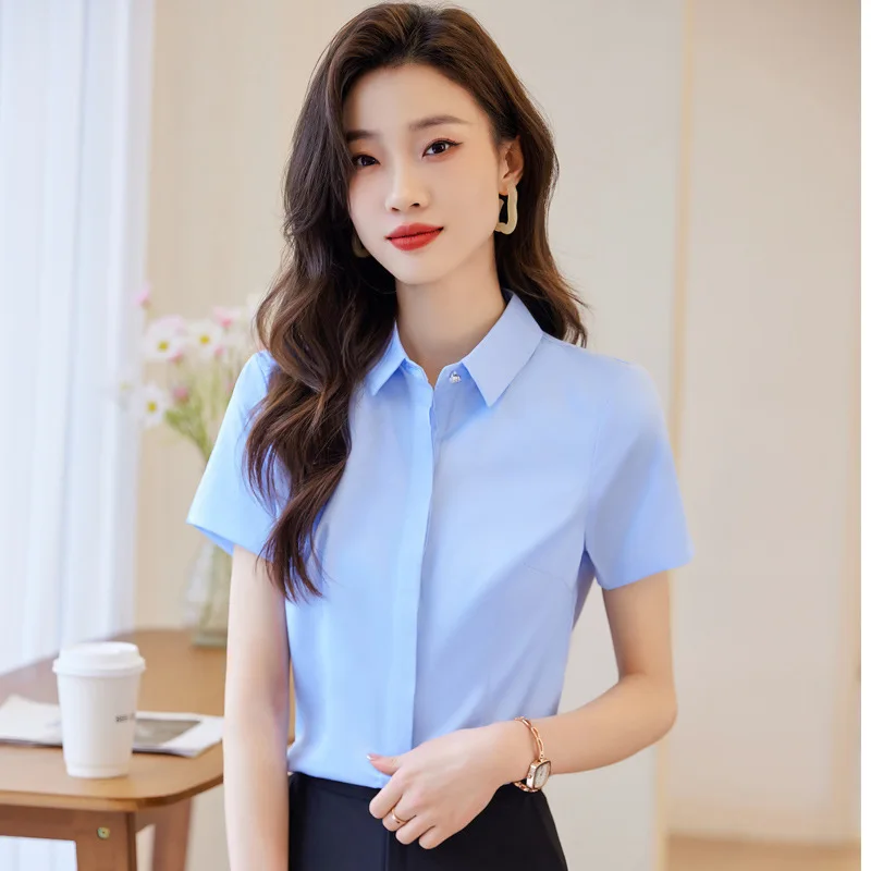 

Elegant Blue Fashion Styles Summer Short Sleeve Blouses Shirts for Women Business Work Wear Career Interview Tops Clothes