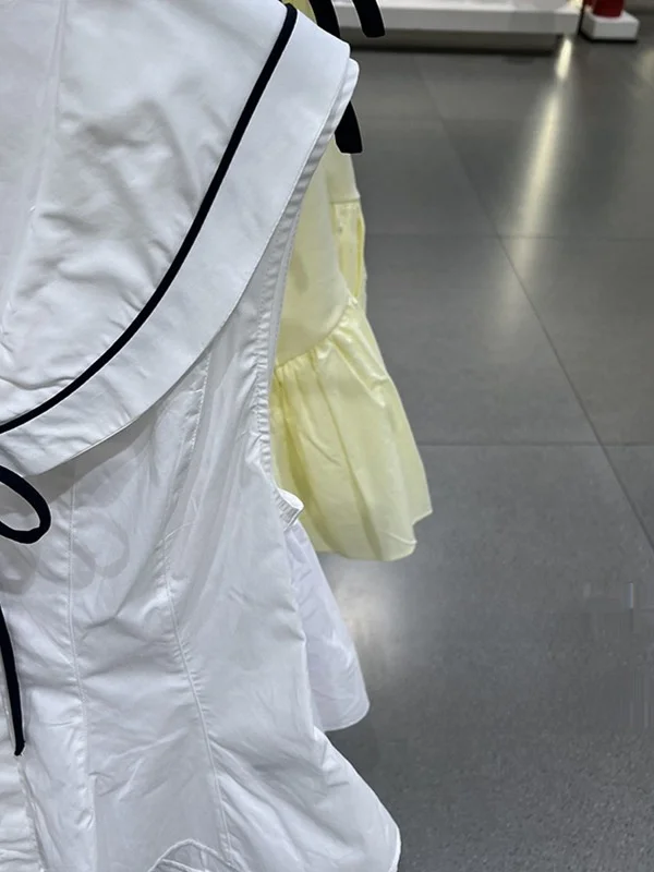 Letnia Nowa Słodka Sukienka Damska Bez Rękawów z Kołnierzykiem Marynarskim Ozdobiona Węzłem Mieszanka Jedwabiu Długość Midi Prosty Krój