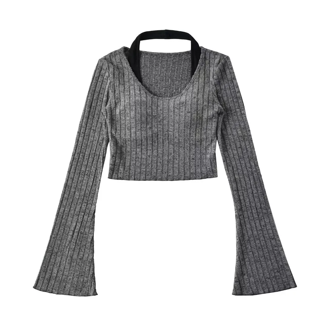 홀터넥 티셔츠 긴팔 슬림핏 티셔츠 브이넥 벨슬리브 매혹적인 티셔츠 섹시 캐주얼 한국 스타일 블라우스!