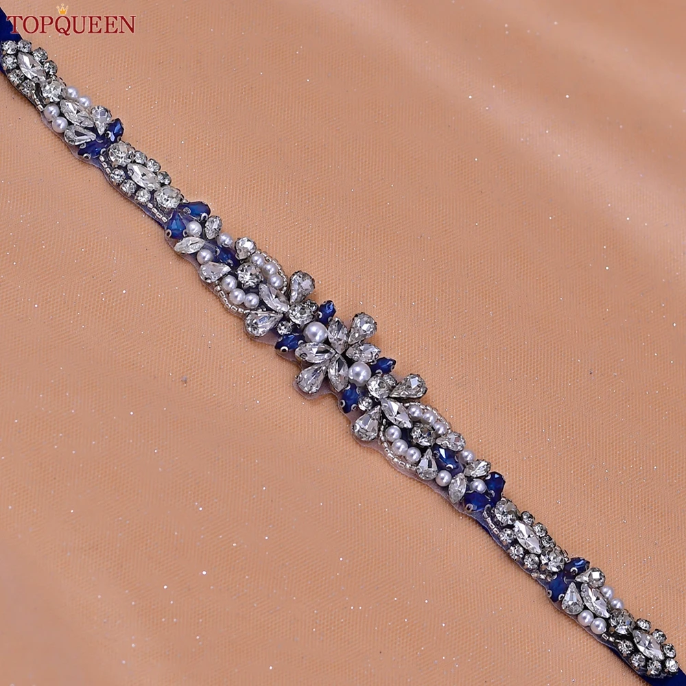 TOPQUEEN S93 Blue Rhinestones Bridal Belt Sparkly for Wedding Evening Dress Decorative Accessories Female Woman Fashion Applique