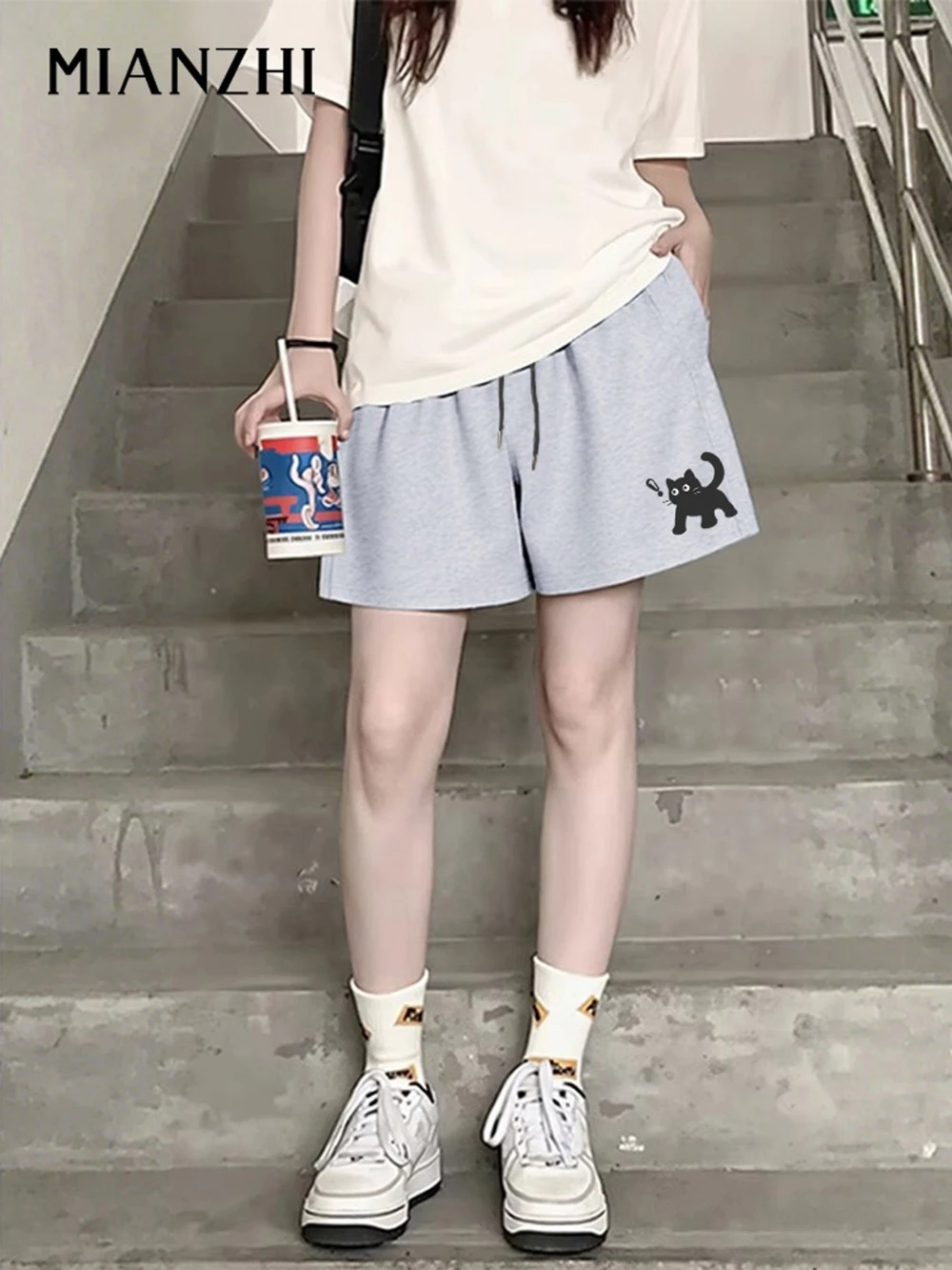 Women's Summer Cat Print Pure Casual Shorts A-Line Loose Fit Knee-Length Pants with Pockets Drawstring Elastic Waist Pure Fabric
