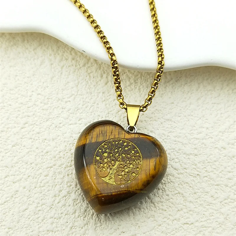

Pink Crystal Heart Shaped Tree of Life Necklaces for Women Men Stainless Steel Gold Color Chain Tiger Eye Stone Jewelry Gift