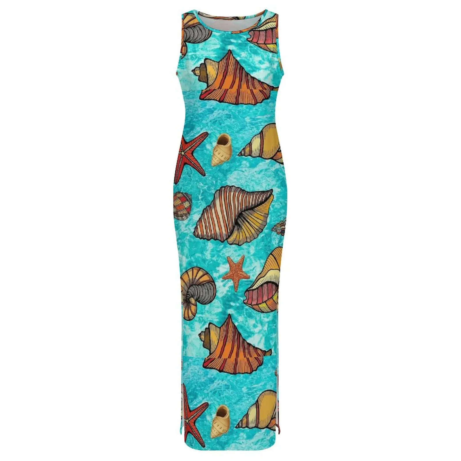Sea Shells Dress Sleeveless Nautical Ocean Shell Retro Maxi Dresses Summer Y2K Fashion Pattern Bodycon Dress Large Size