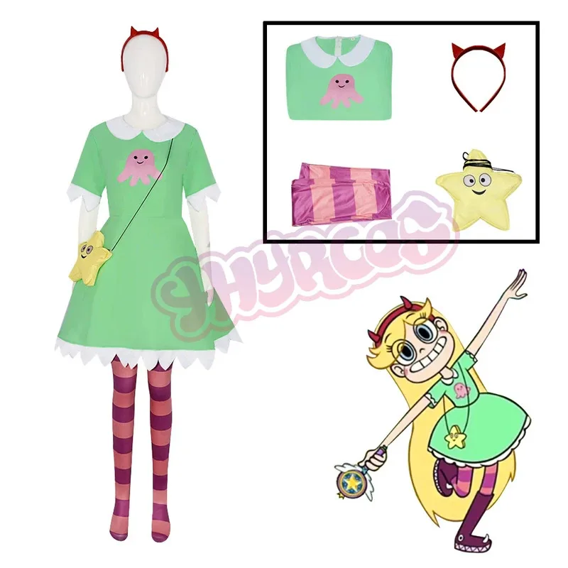 

4PCS Star Forces Evil Cosplay Star Butterfly Green Dress Red Headwear Socks Halloween Fancy Costume Dress+Socks+Headwear+Bag