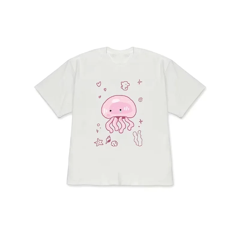 Cartoon Alien Space Graphic Tee Cute Hand Drawn Green UFO Planet Print Casual Daily Crewneck Short Sleeve Women Daily Summer Top