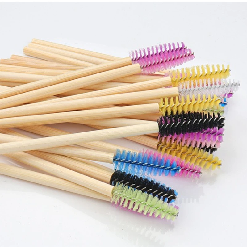 50 pçs descartável alça de bambu cílios sobrancelha maquiagem escova pincéis ferramentas 7 cores extensão dos cílios rímel ferramenta de maquiagem
