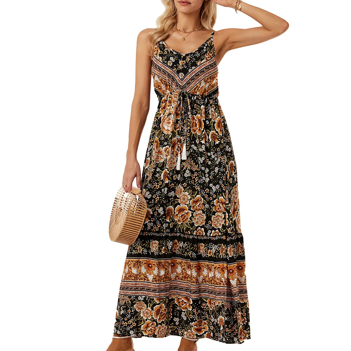 

2024 Summer Maxi Dresses For Women Floeal Print Vacation Beach Casual Neck Lace Up Elegant Strap Long Dress Robes Длинные платья