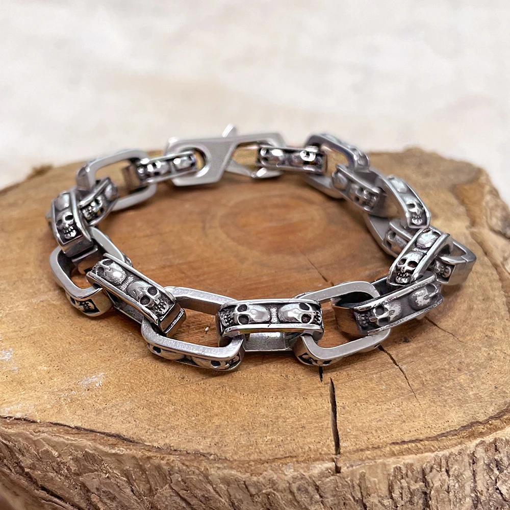 Gothic Punk Skull Bracelet Viking Curb Cuba Chain Bangle Men Women Never Fade Stainless Steel Biker Wristband Charm Jewelry Gift
