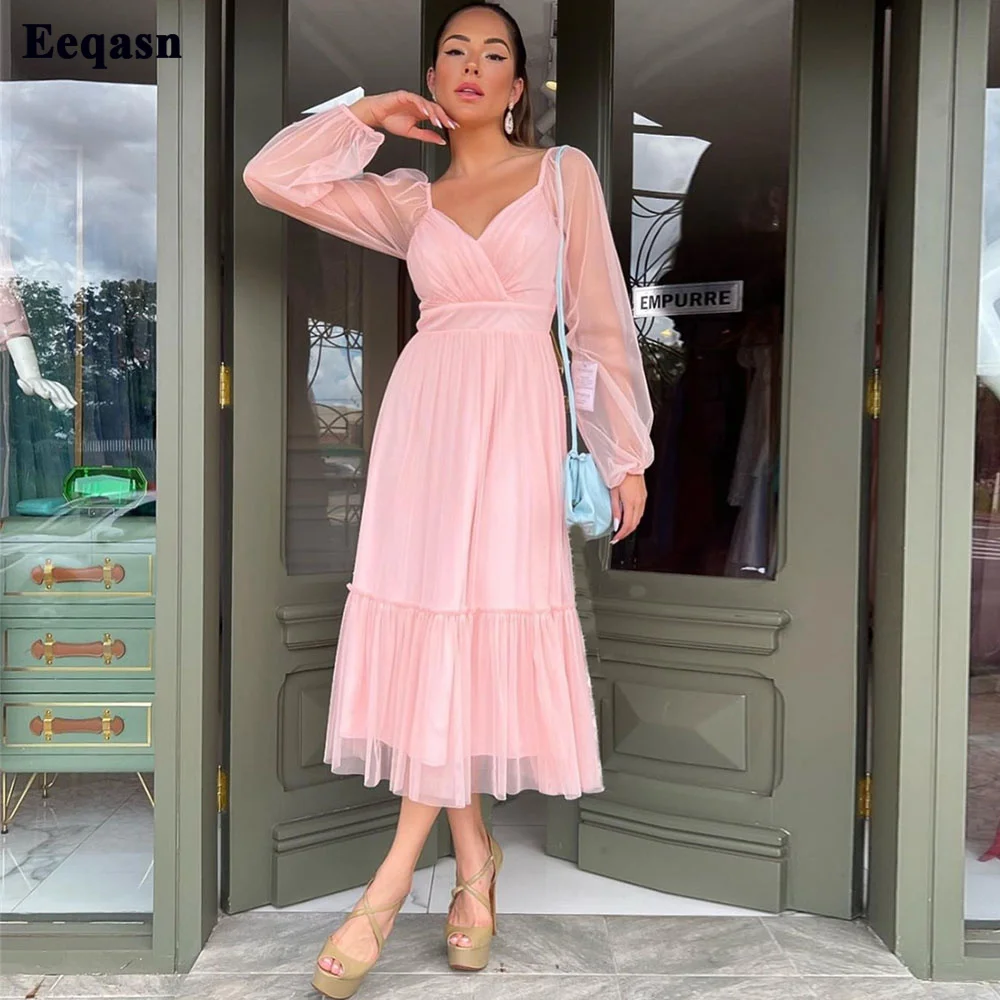 

Eeqasn Simple Pink Tulle Midi Prom Dresses Long Sleeves Tiered Prom Gowns V-Neck Tea-Length Custom Made Wedding Party Dress 2022