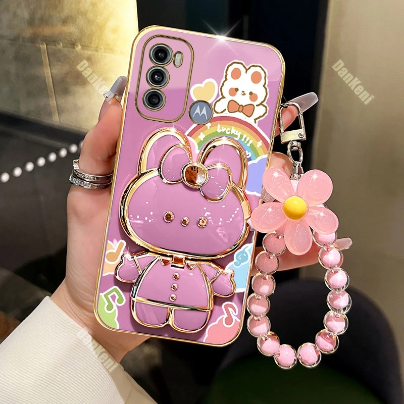 G60 G60S Lucky Rabbit Holder Bracelet Plating Phone Case For Motorola Moto G60 G62 G60S G82 G40F G72 G84 G52 G54 G50 G42 Cover