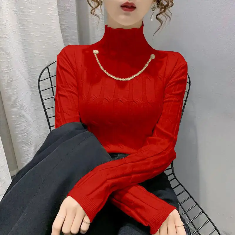 Turtleneck Autumn Winter Thick Bright Color Great Elasticity Female Cloths Multiple Colors Metal Chain Decoration Keep Warm Slim