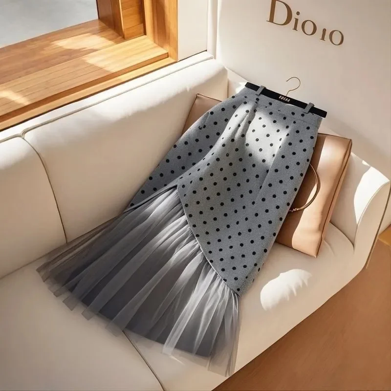 

Новая модная сетчатая лоскутная юбка-русалка женская осенняя юбка в горошек с принтом офисные женские тонкие юбки миди элегантная накидка на бедрах вечерние юп