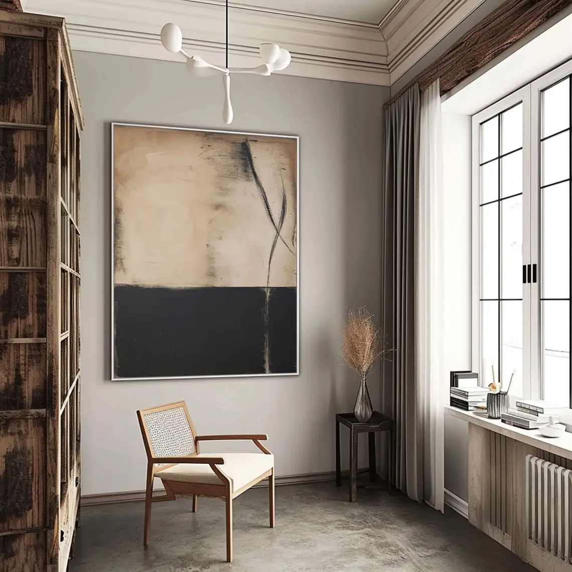 Mhemyo بيج Wabi-Sabi جدار الفن أسود بيج مجردة رسمت باليد اللوحة القرون الوسطى الملمس اللوحة السوداء الحد الأدنى جدار ديكور