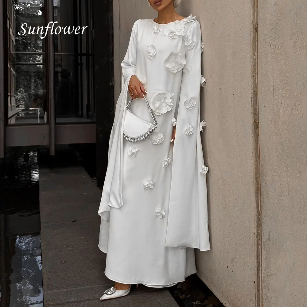 Sunflower White O-Neck 3D Flowers Crepe A-LINE Prom Gowns 2024 High Quality Slim Long Sleeve Ankle-Length Formal Evening Dress