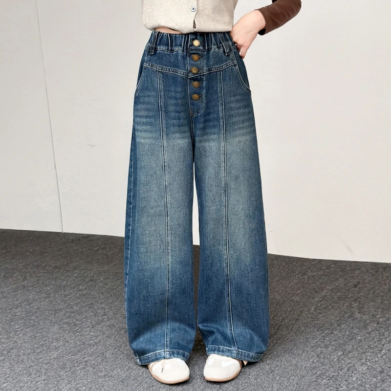 Girl style front button high waisted banana jeans, retro deep blue stone washed curved wide leg jeans, casual streetwear