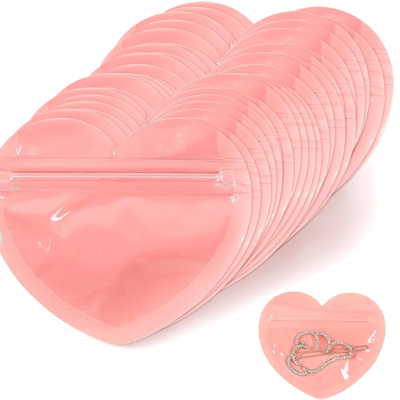 Bolsa iridiscente con cierre de cremallera para joyería, bolsas de sellado de plástico transparente con forma de corazón para exhibición de joyería, embalaje para collar, pendientes y pulsera, 10 piezas