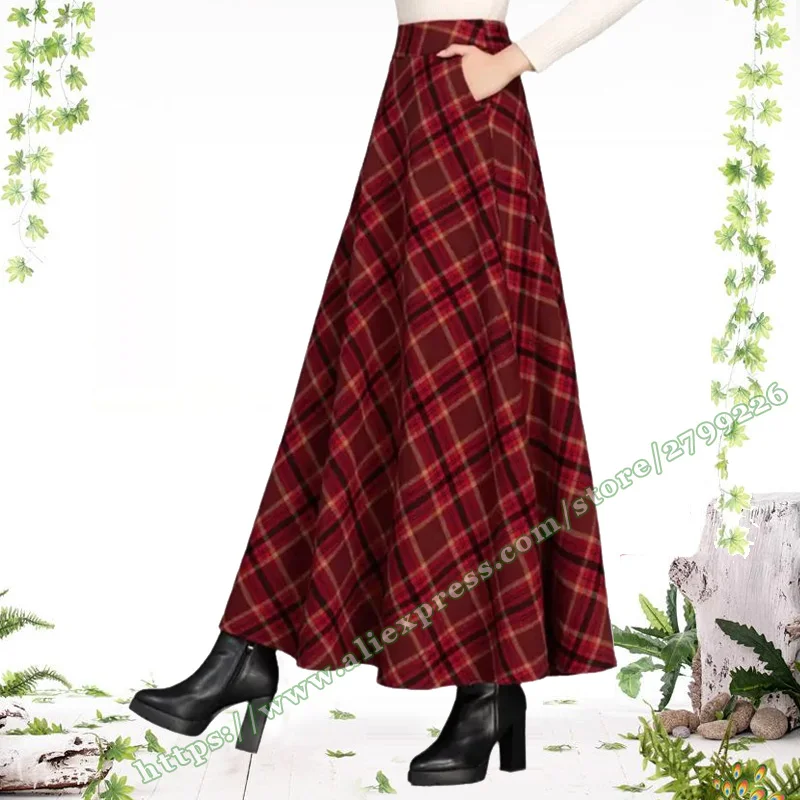 Retro Christmas Woolen Long Skirt Plus Size Autumn Winter Plaid  Pattern Maxi Skirt for Women 2025 Skirts