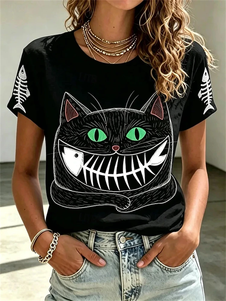 Women's Spring Summer Fashion Round-Neck Short-Sleeve T-Shirt with Playful Cartoon Cat Print Cute Pet-Themed Casual Top