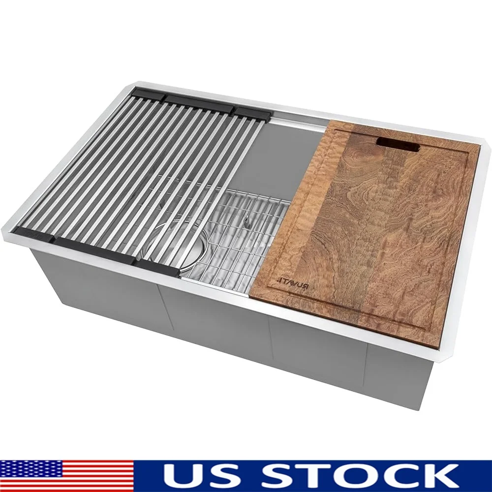 

33 Inch Workstation Kitchen Sink Stainless Steel Undermount Slope Bottom Offset Drain Soundproof with Cutting Board Drying Rack