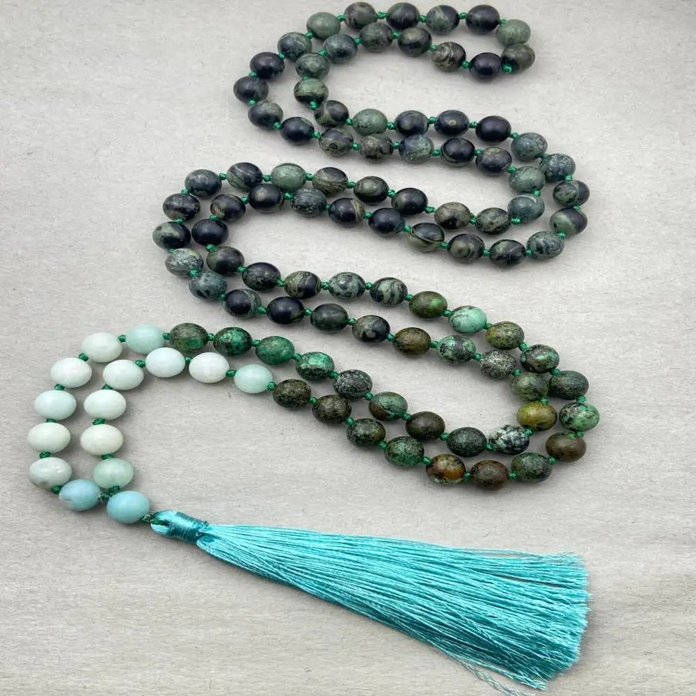 Natural African Turquoise 108 Beads Mala Necklace with Amazonite Accent Teal Tassel Spiritual Jewelry