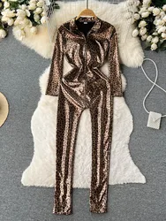 Foamlina Sexy Leopard Print PU Leather Jumpsuit Women New Sprint Autumn Zipper Up Stand Collar Long Sleeve Pencil Pants Overalls